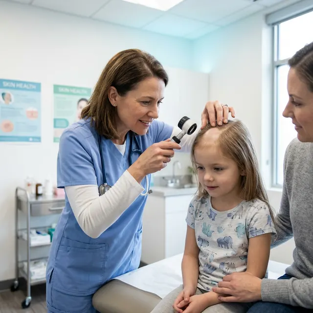 Dermatologue examinant le cuir chevelu d'un enfant atteint d'alopécie