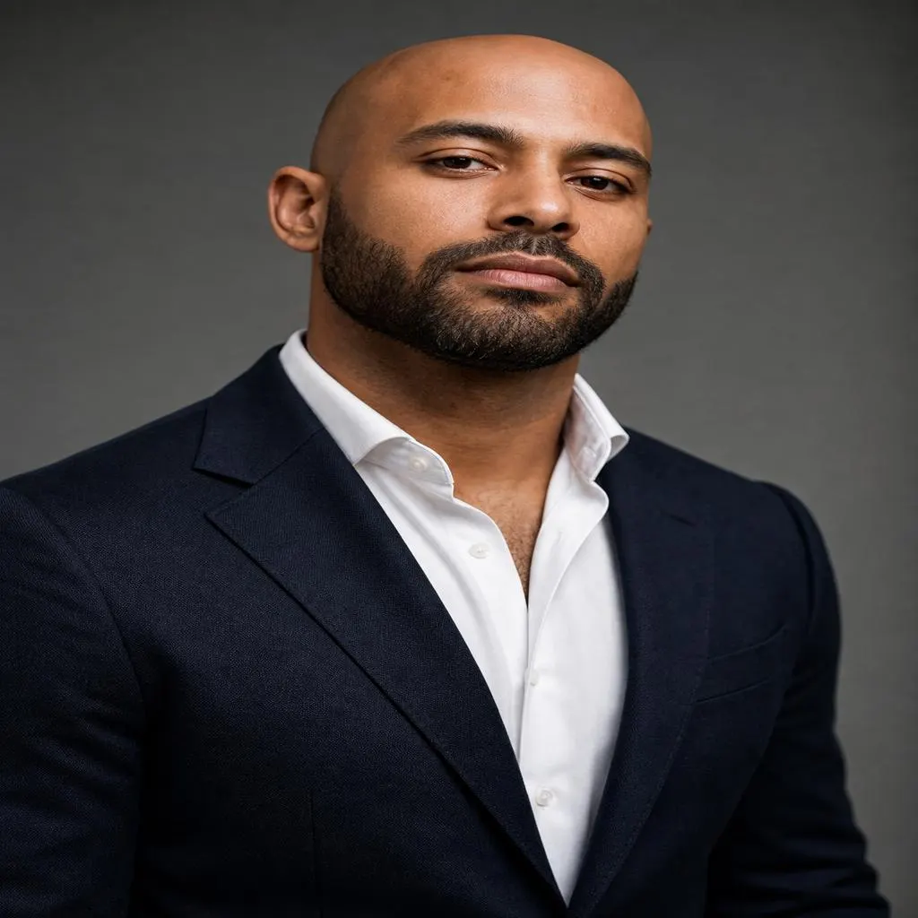 Homme chauve avec une barbe soignée et style vestimentaire élégant