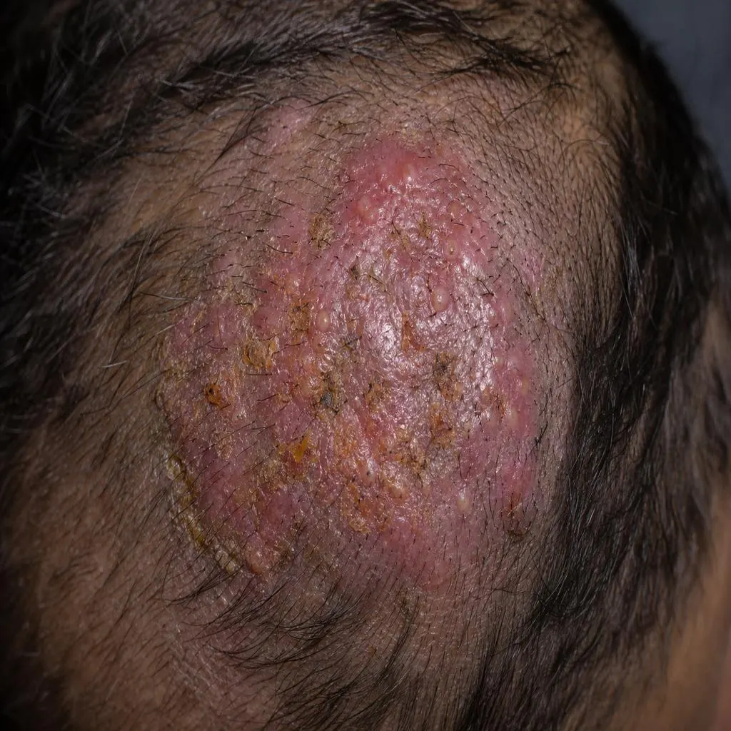 Représentation clinique d'un kérion du cuir chevelu avec inflammation sévère