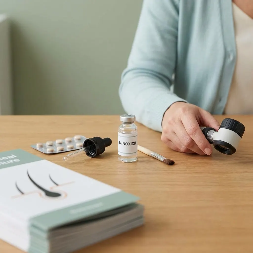 Différents traitements médicamenteux pour l'alopécie disposés sur une table