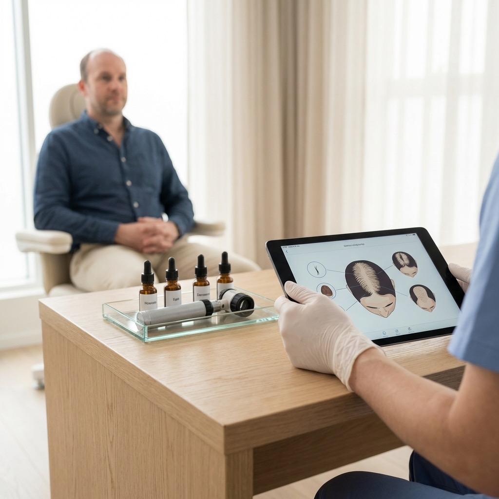 Homme examinant ses cheveux dans un miroir pour identifier les signes d'alopécie
