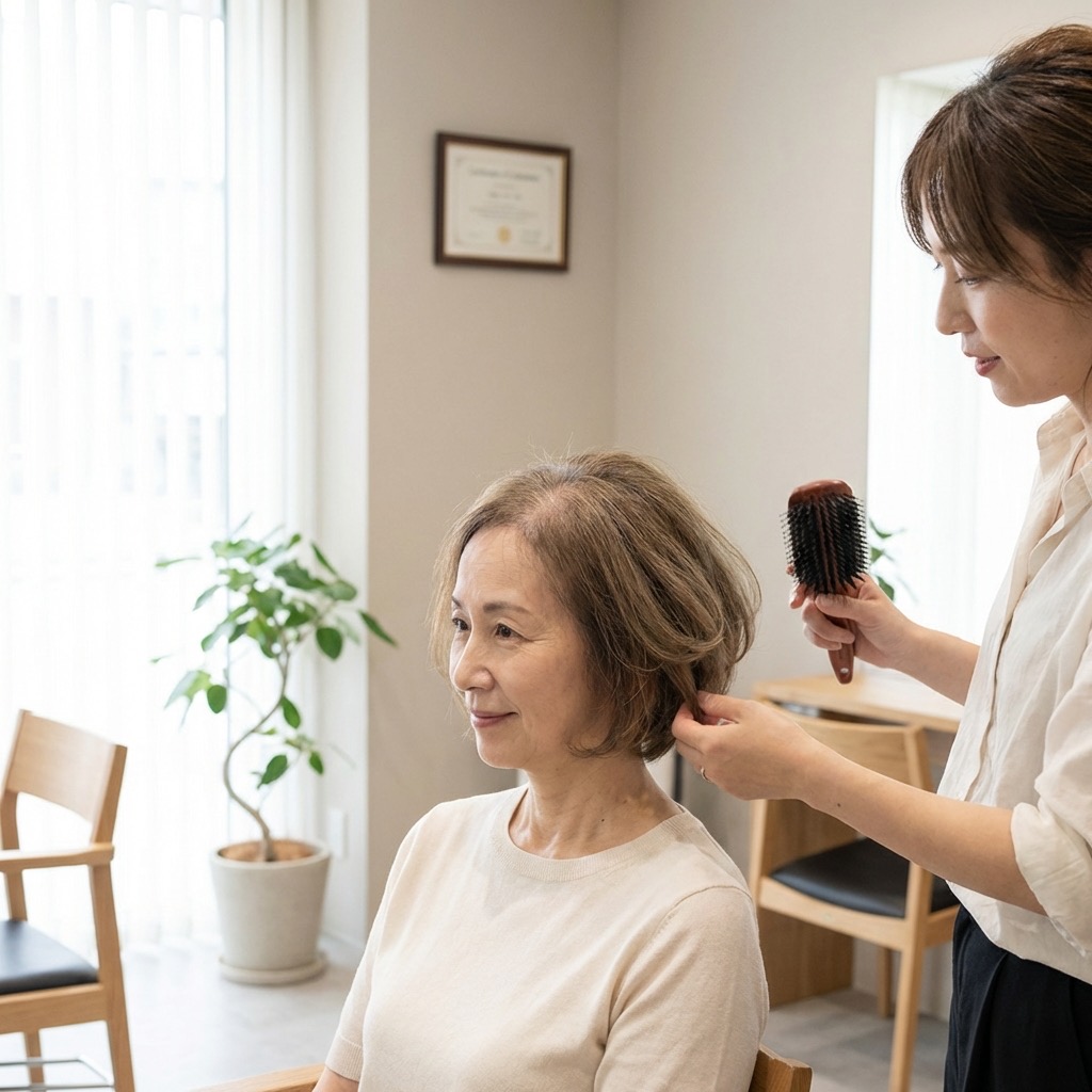 Femme avec une coupe de cheveux flatteuse adaptée à l'alopécie
