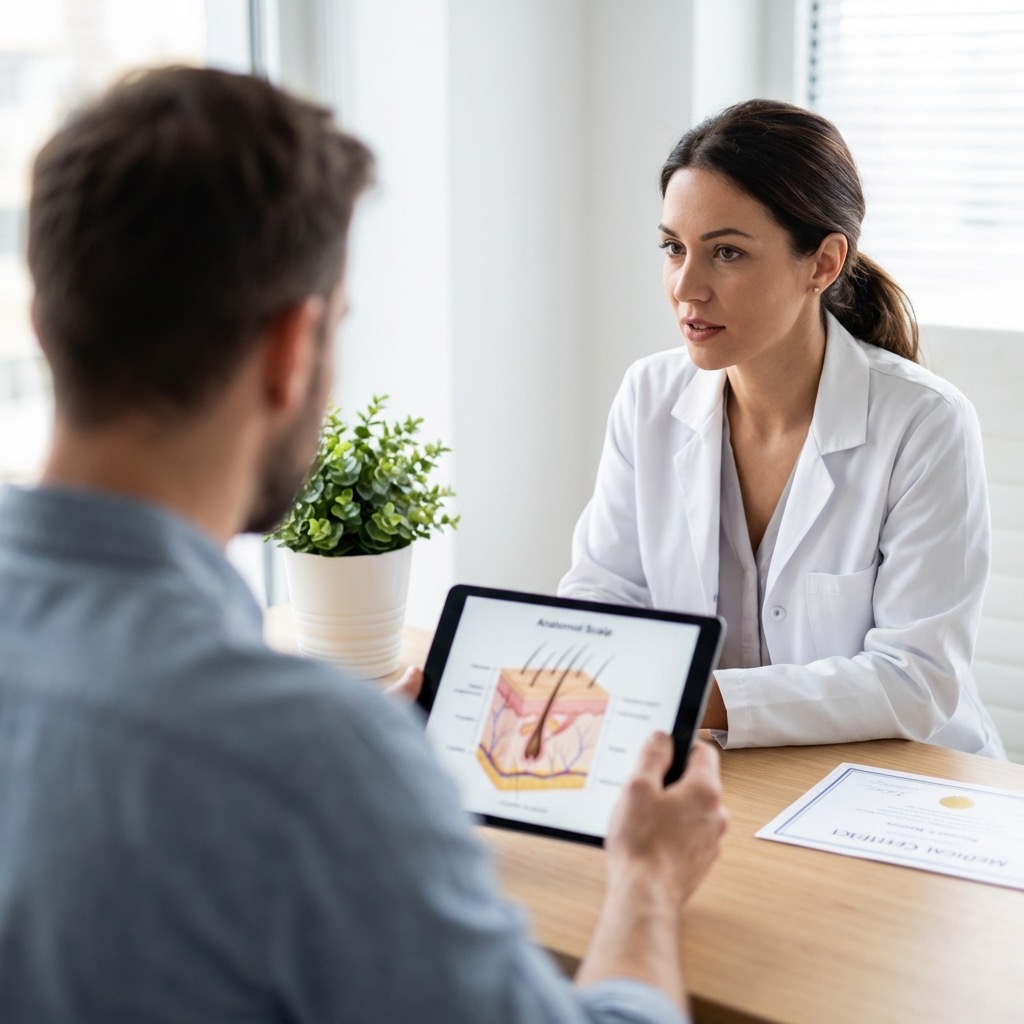 Illustration de la calvitie moine montrant la zone de perte de cheveux circulaire au sommet du crâne