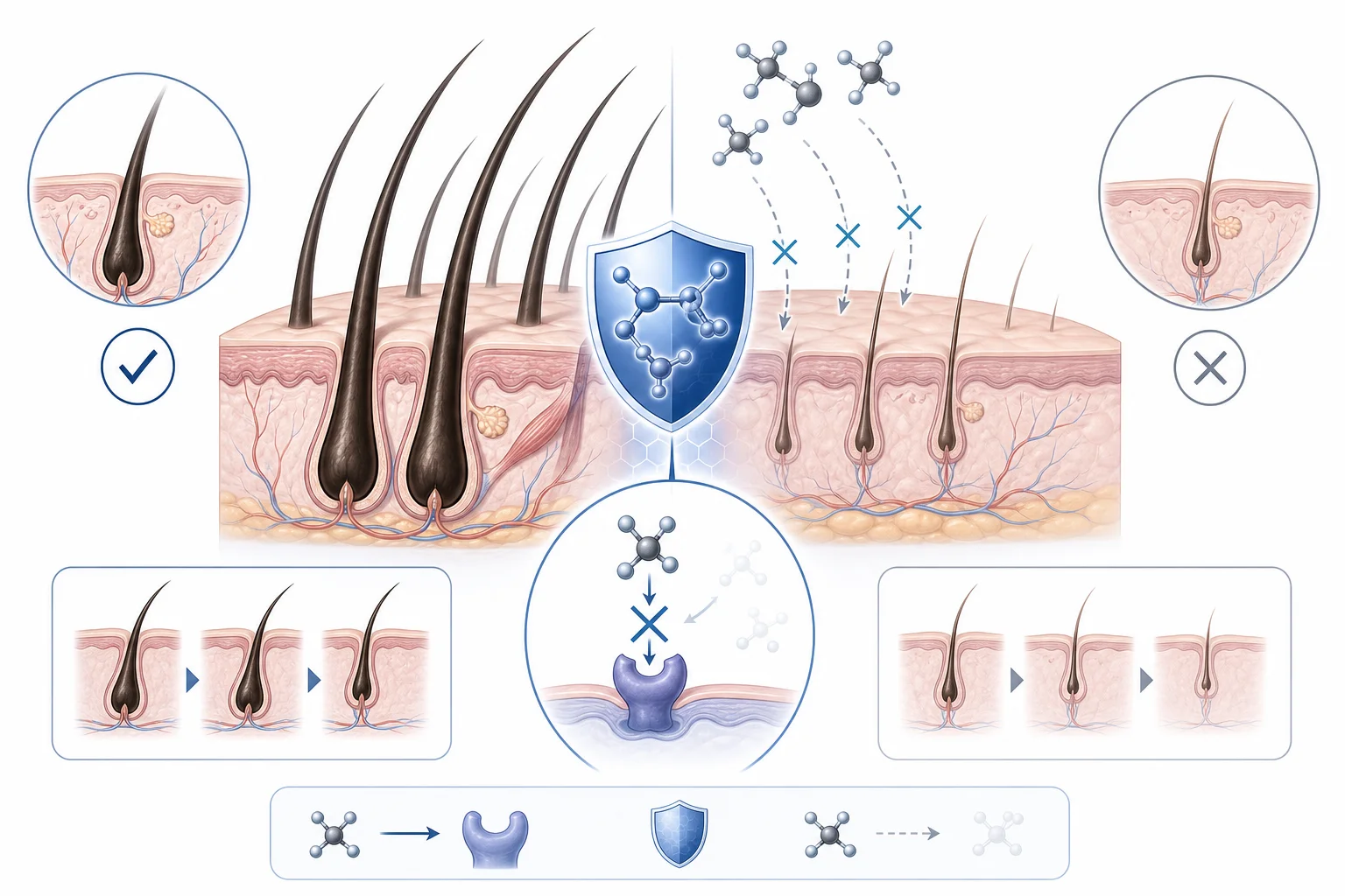 Illustration médicale du dutastéride dans le traitement de la calvitie androgénétique par réduction de la DHT